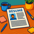 Image of a résumé on a desk, with coffee mugs, sticky notes and pens.