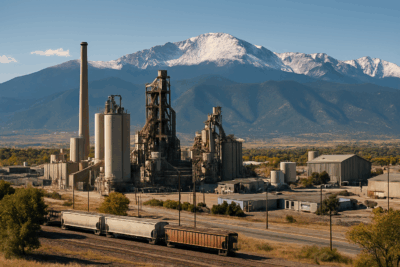 Image of an industrial complex with tall silos, a smokestack, and metal processing structures sits in front of snow-capped mountains, with train cars and open fields in the foreground.