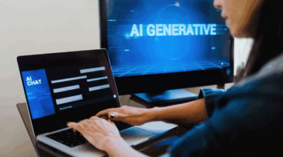 Image of a woman typing on a keyboard, one computer screen says AI Chat, and the other says AI Generative