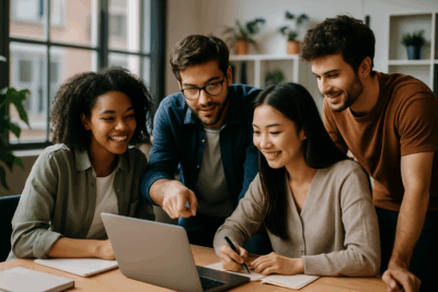 Image of a diverse group of four young professionals gathered around a laptop in a bright, modern office, smiling and collaborating on a project.