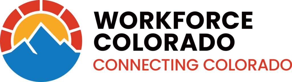 Workforce Colorado logo featuring a stylized red and orange sun rising over blue mountains inside a circular emblem, with the words “WORKFORCE COLORADO” above and “CONNECTING COLORADO” in red below.