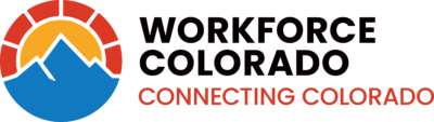Workforce Colorado logo featuring a stylized red and orange sun rising over blue mountains inside a circular emblem, with the words “WORKFORCE COLORADO” above and “CONNECTING COLORADO” in red below.