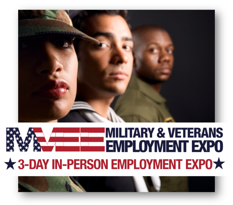 Three service members in uniform looking toward the camera, with text reading “Military & Veterans Employment Expo” and “3-Day In-Person Employment Expo.”