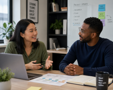 Two coworkers sit at a desk in a bright, modern office, engaged in a friendly discussion about a project, with a laptop, notes, and a whiteboard showing project updates in the background.