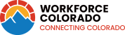 Workforce Colorado logo featuring a stylized red and orange sun rising over blue mountains inside a circular emblem, with the words “WORKFORCE COLORADO” above and “CONNECTING COLORADO” in red below.