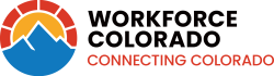 Workforce Colorado logo featuring a stylized red and orange sun rising over blue mountains inside a circular emblem, with the words “WORKFORCE COLORADO” above and “CONNECTING COLORADO” in red below.