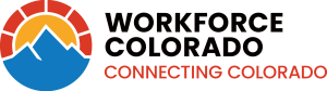 Workforce Colorado logo featuring a stylized red and orange sun rising over blue mountains inside a circular emblem, with the words “WORKFORCE COLORADO” above and “CONNECTING COLORADO” in red below.