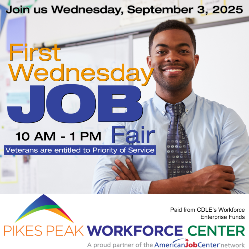 Image of man with arms folded and these words, First Wednesday Job Fair on September 3, 2025, from 10 AM to 1 PM Multi-Employer Hiring Event Each month we host up to 20 employers, making it easier for you to meet with a variety of companies all in one place. Join us for this opportunity to chat in person with hiring managers who have open jobs & are ready to hire you!
