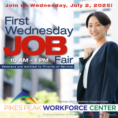 Image of woman in a navy blue suit, getting ready to attend the Pikes Peak Workforce Center's July First Wednesday Job Fair